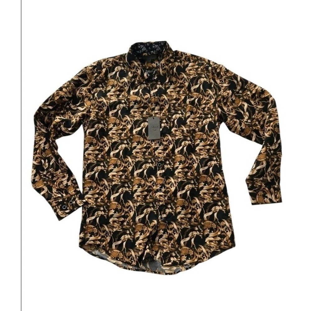 Planet B Men's Button-Down Shirt Medium‎ Black Gold Baroque Chain Print Long...